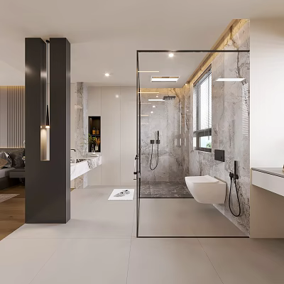 Sleek Modern Bathroom Interior With Glass Shower Enclosure Stone Walls And Pendant Lights 3d model