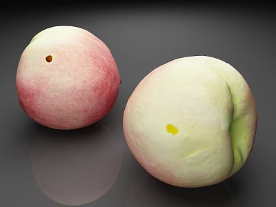 Fresh Ripe Peaches With Pink And White Smooth Skin On Dark Reflective Surface 3d model