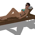 Woman Wearing Bikini Lying On Wooden Lounge Chair With Sunglasses And Towel