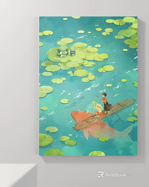 Serene Landscape Painting With Water Lilies Wooden Raft Two People Rowing And Giant Koi Fish 3d model 