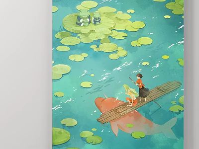 Serene Landscape Painting With Water Lilies Wooden Raft Two People Rowing And Giant Koi Fish 3d model