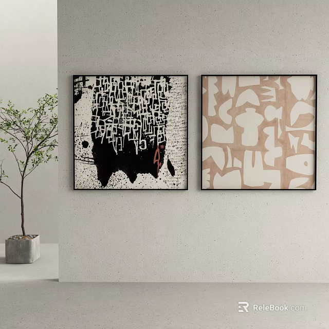 Two Abstract Artworks On Wall With Potted Plant And Minimalist Decor 3d model