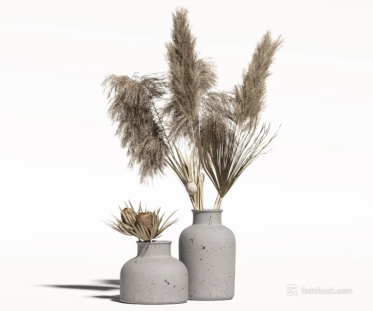 Minimalist Gray Ceramic Vases With Dried Pampas Grass And Flowers On White Background 3d model 