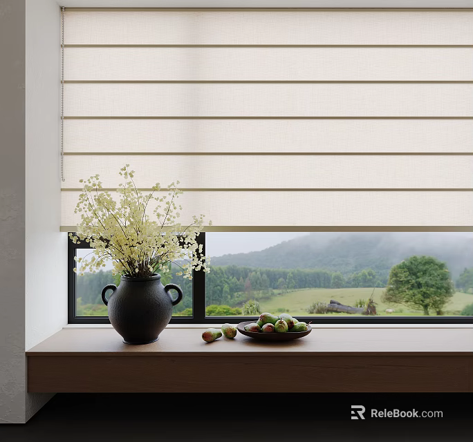 Light Window Roller Blinds in Interior with Scenic Mountain View and Vase on Windowsill 3d model 
