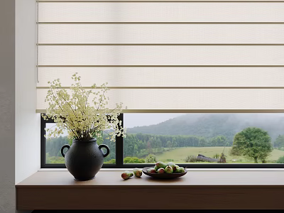 Light Window Roller Blinds in Interior with Scenic Mountain View and Vase on Windowsill 3d model