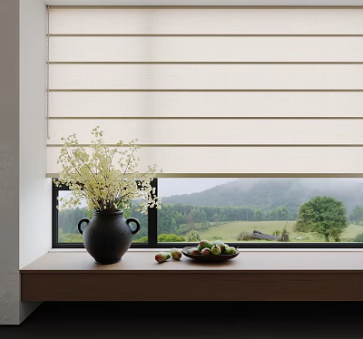 Light Window Roller Blinds in Interior with Scenic Mountain View and Vase on Windowsill 3d model