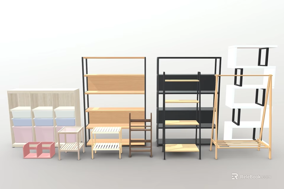 Various Open Design Storage Shelving Units With Multiple Tiers And Color Options 3d model