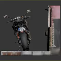 Sporty Black and Orange Motorcycle Displayed On Gray Platform With Red Pink Wall Background