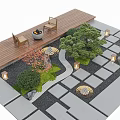 Serene Courtyard Garden Design With Wooden Deck Chairs Fire Pit Stone Pavers And Green Plants