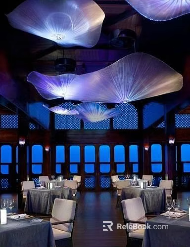 Elegant Restaurant Interior With Sculptural Pendant Lights And Floor To Ceiling Windows 3d model 