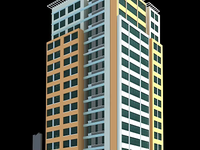 High Rise Residential Building With Yellow White Blue Facade And Modern Windows Balconies 3d model