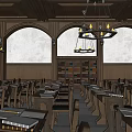 School Library Interior With Arched Windows Bookshelves Chandeliers And Wooden Tables