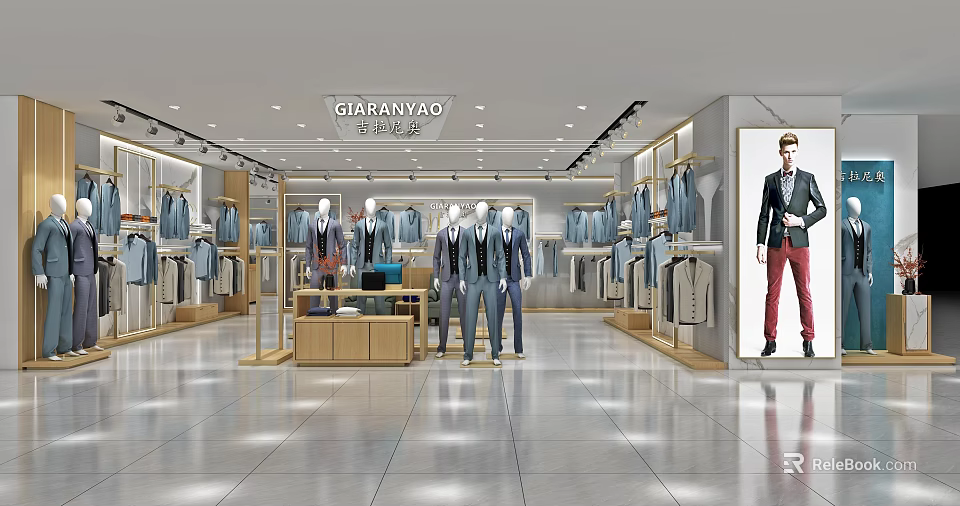 GIAFANVAD Clothing Store Showcasing Suits Mannequins Display Racks And Bright Lighting 3d model 