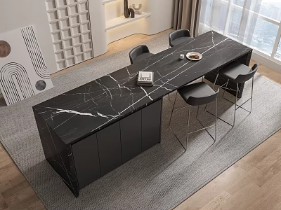 Modern Black Marble Dining Table With Black Cabinets And Metal Chairs 3d model