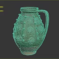 Ancient Ceramic Jug With Green Glaze Bulbous Decorations Circular Patterns And Terracotta Base