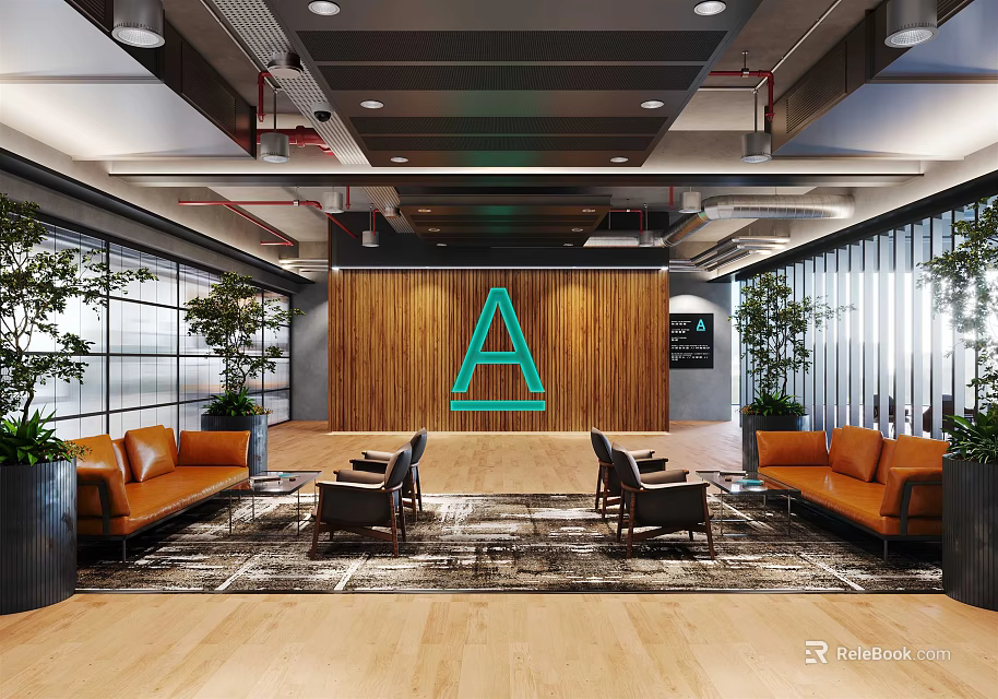 Modern Reception Area With Wooden Backdrop Large Letter A Logo Sofas Chairs And Plants 3d model 