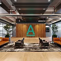 Modern Reception Area With Wooden Backdrop Large Letter A Logo Sofas Chairs And Plants