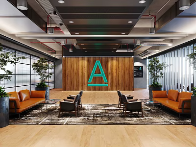 Modern Reception Area With Wooden Backdrop Large Letter A Logo Sofas Chairs And Plants 3d model