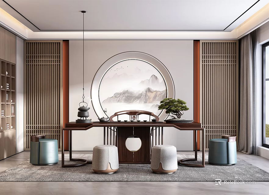 Traditional Chinese Tea Room Interior With Round Landscape Painting Wooden Table Tea Set And Stools 3d model 