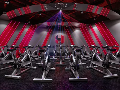 Modern Fitness Studio With Spin Bikes Red And Black Decor And Lighting Effects 3d model