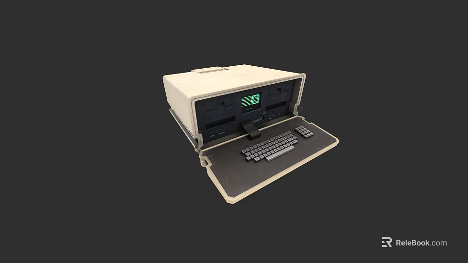 Vintage Suitcase Style Computer With Green Digital Display And Keyboard 3d model 