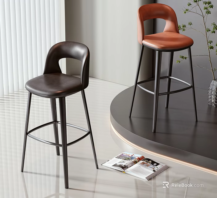 Modern Bar Stools With Leather Seats In Brown And Orange And Metal Legs Near Countertop 3d model 