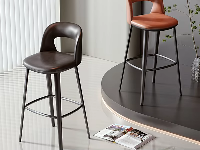 Modern Bar Stools With Leather Seats In Brown And Orange And Metal Legs Near Countertop 3d model