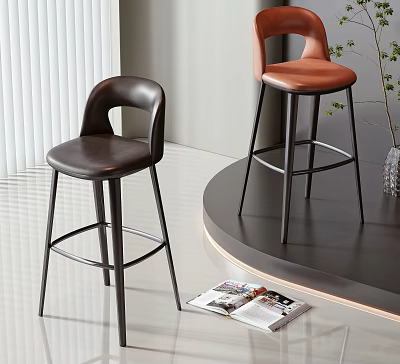 Modern Bar Stools With Leather Seats In Brown And Orange And Metal Legs Near Countertop 3d model