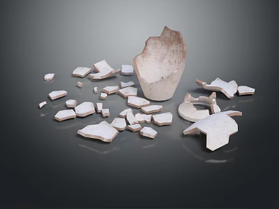 Broken Pottery Display With Shattered Ceramic Pieces Scattered on Black Surface 3d model