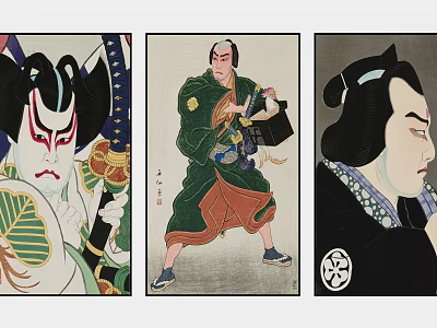 Traditional Japanese Figure Paintings Featuring Kabuki Characters with Theatrical Makeup and Traditional Costumes 3d model