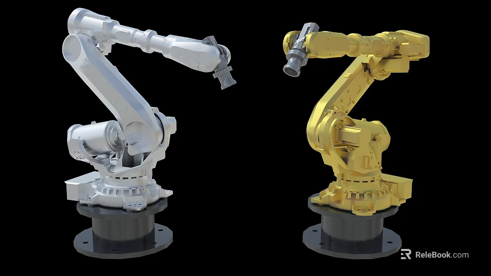Manufacturing Production Line Automation With White And Yellow Industrial Robotic Arms 3d model 