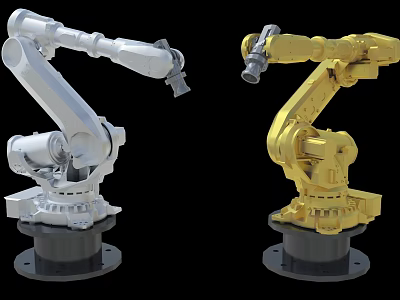 Manufacturing Production Line Automation With White And Yellow Industrial Robotic Arms 3d model