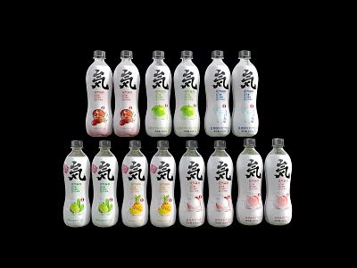 Assorted Flavors Sparkling Beverages Bottled Drinks With Lychee Grape And Peach Varieties Arranged Neatly 3d model