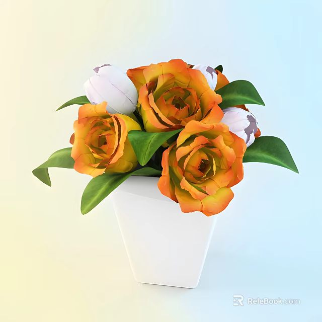 White Vase With Orange And White Flowers And Green Leaves On Soft Background 3d model 