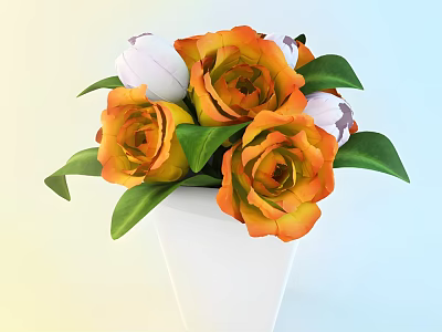 White Vase With Orange And White Flowers And Green Leaves On Soft Background 3d model