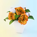 White Vase With Orange And White Flowers And Green Leaves On Soft Background