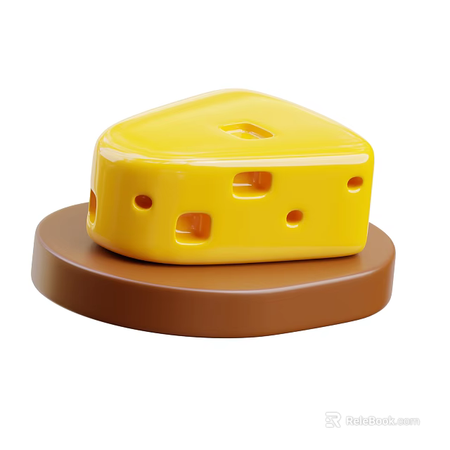 Bright Yellow Triangular Holey Cheese Displayed on Brown Circular Base 3d model 