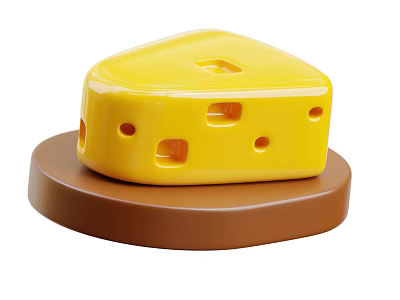 Bright Yellow Triangular Holey Cheese Displayed on Brown Circular Base 3d model