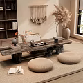 Natural Style Wooden Tea Table With Round Cushions Open Books And Woven Decor