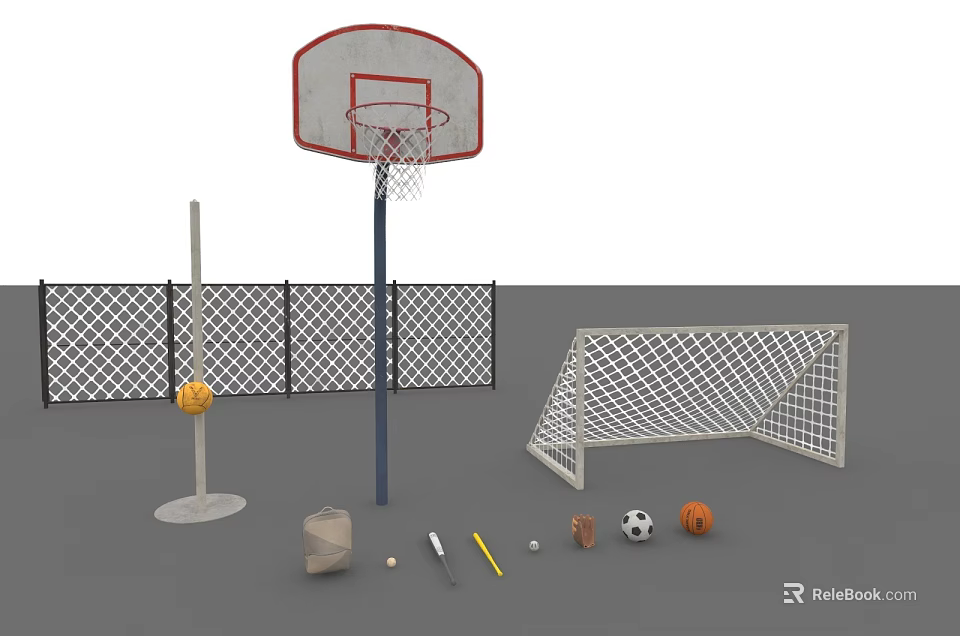 Outdoor Sports Equipment Collection With Basketball Hoop Soccer Goal Volleyball Soccer Ball And Training Tools 3d model 