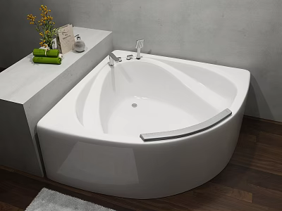 White Corner Bathtub With Grey Countertop Yellow Flowers And Wooden Floor 3d model