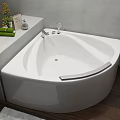 White Corner Bathtub With Grey Countertop Yellow Flowers And Wooden Floor