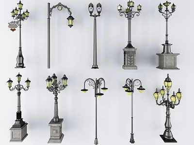 Various Classic Outdoor Lights With Decorative Designs And Stone Bases 3d model
