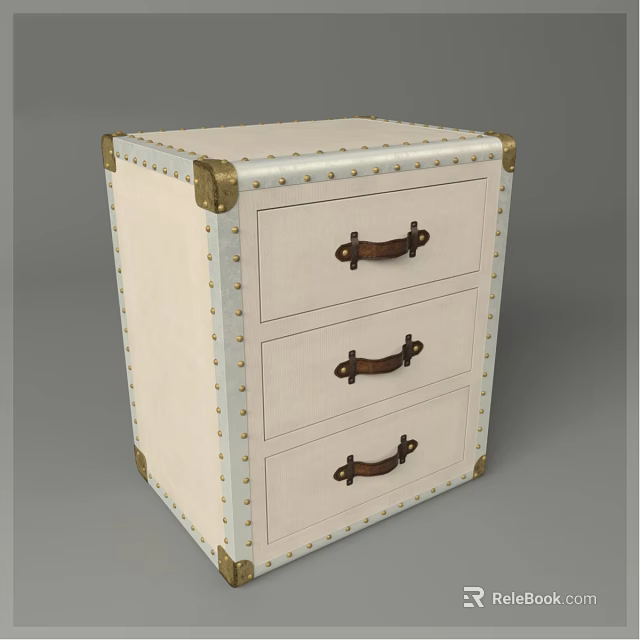 Beige Chest of Drawers with Three Drawers Brown Handles and Golden Corner Rivet Details 3d model 