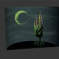 Cartoon Night Scene with Green Crescent Moon Stars and Green Spire Castle on Black Base