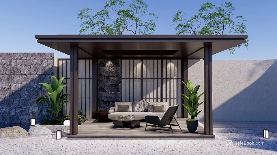 Modern Sunroom Design With Lattice Wall Green Plants Sofa And Stone Wall 3d model 