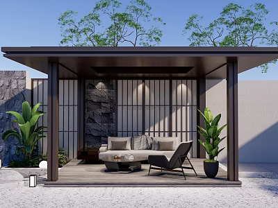 Modern Sunroom Design With Lattice Wall Green Plants Sofa And Stone Wall 3d model