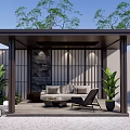Modern Sunroom Design With Lattice Wall Green Plants Sofa And Stone Wall