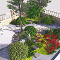 Serene Garden Landscape With Pond Stone Path And Flowering Trees 3d model