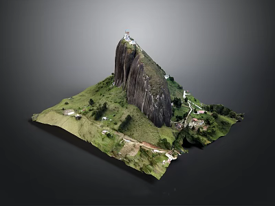 Detailed Mountain Model With Rocky Peak Lighthouse Green Grass Path And Small Buildings 3d model
